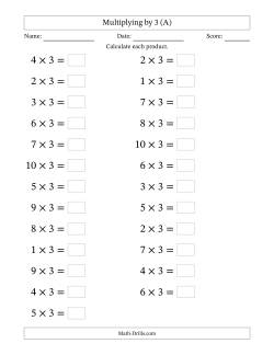 Horizontally Arranged Multiplying (1 to 10) by 3 (25 Questions; Large Print)