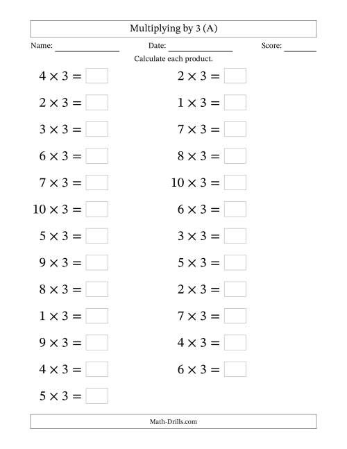 The Horizontally Arranged Multiplying (1 to 10) by 3 (25 Questions; Large Print) (A) Math Worksheet