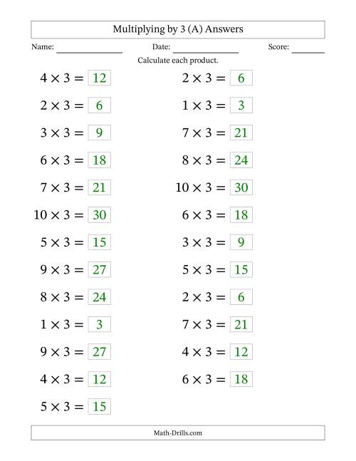 The Horizontally Arranged Multiplying (1 to 10) by 3 (25 Questions; Large Print) (A) Math Worksheet Page 2
