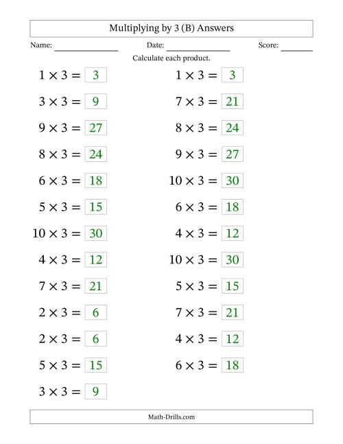 The Horizontally Arranged Multiplying (1 to 10) by 3 (25 Questions; Large Print) (B) Math Worksheet Page 2