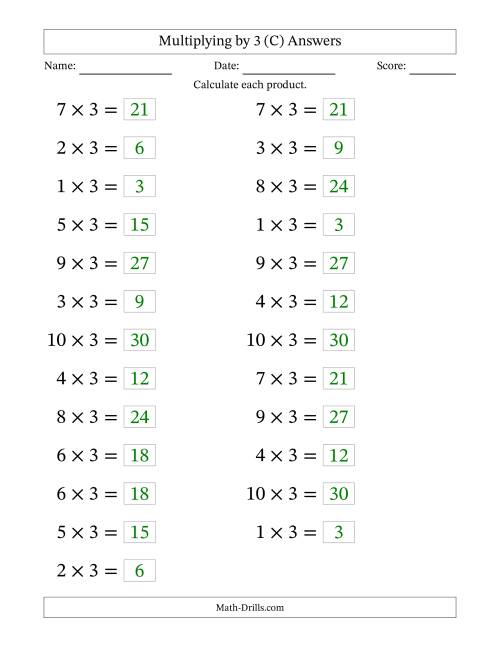 The Horizontally Arranged Multiplying (1 to 10) by 3 (25 Questions; Large Print) (C) Math Worksheet Page 2