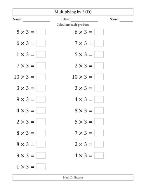 The Horizontally Arranged Multiplying (1 to 10) by 3 (25 Questions; Large Print) (D) Math Worksheet