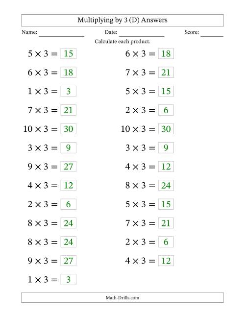 The Horizontally Arranged Multiplying (1 to 10) by 3 (25 Questions; Large Print) (D) Math Worksheet Page 2