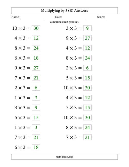 The Horizontally Arranged Multiplying (1 to 10) by 3 (25 Questions; Large Print) (E) Math Worksheet Page 2