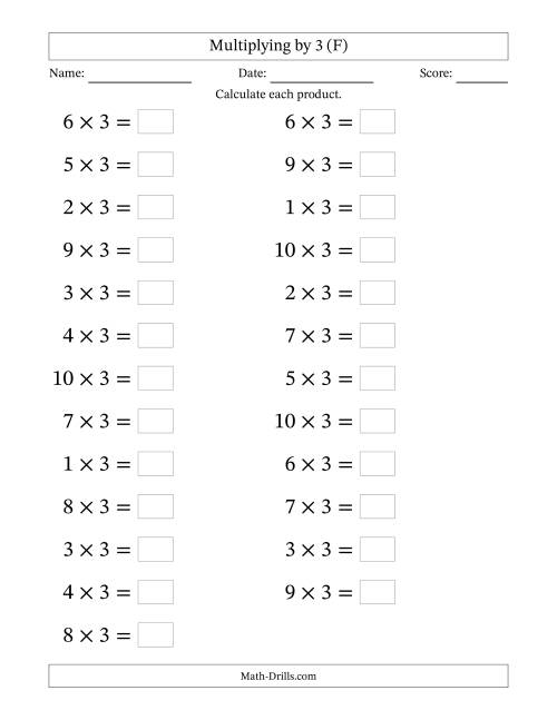 The Horizontally Arranged Multiplying (1 to 10) by 3 (25 Questions; Large Print) (F) Math Worksheet