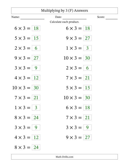 The Horizontally Arranged Multiplying (1 to 10) by 3 (25 Questions; Large Print) (F) Math Worksheet Page 2