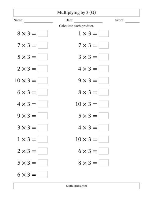 The Horizontally Arranged Multiplying (1 to 10) by 3 (25 Questions; Large Print) (G) Math Worksheet
