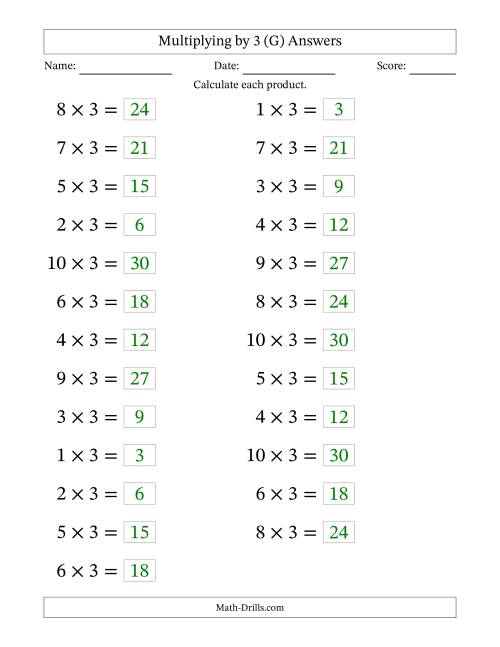The Horizontally Arranged Multiplying (1 to 10) by 3 (25 Questions; Large Print) (G) Math Worksheet Page 2