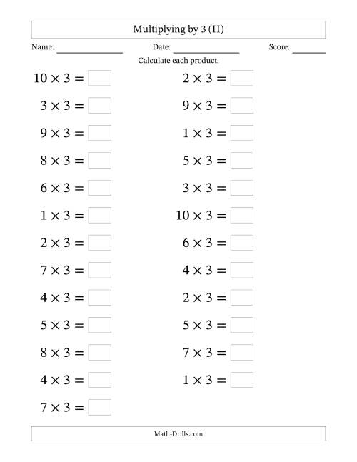 The Horizontally Arranged Multiplying (1 to 10) by 3 (25 Questions; Large Print) (H) Math Worksheet