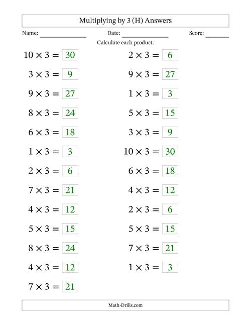 The Horizontally Arranged Multiplying (1 to 10) by 3 (25 Questions; Large Print) (H) Math Worksheet Page 2