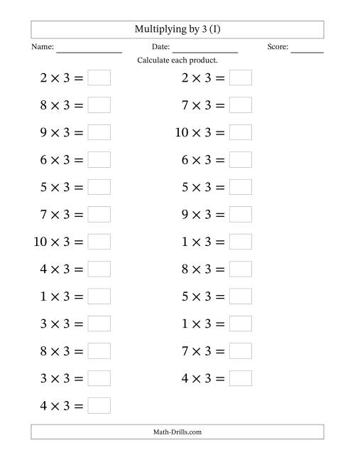 The Horizontally Arranged Multiplying (1 to 10) by 3 (25 Questions; Large Print) (I) Math Worksheet