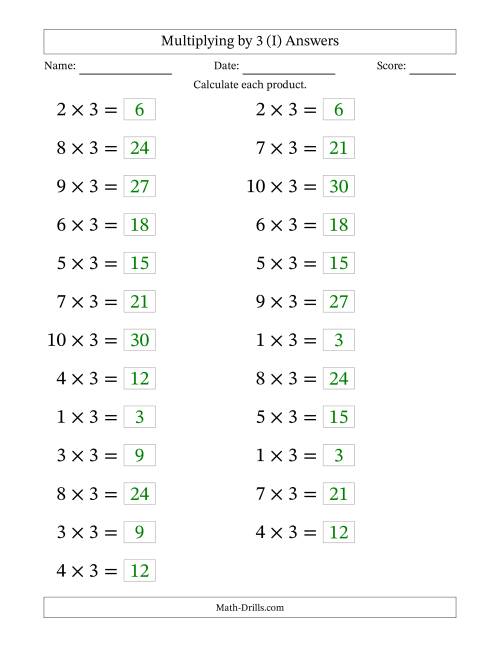 The Horizontally Arranged Multiplying (1 to 10) by 3 (25 Questions; Large Print) (I) Math Worksheet Page 2
