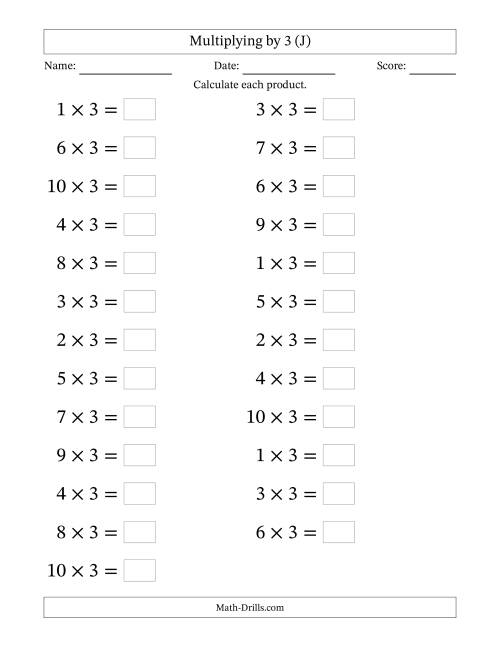 The Horizontally Arranged Multiplying (1 to 10) by 3 (25 Questions; Large Print) (J) Math Worksheet