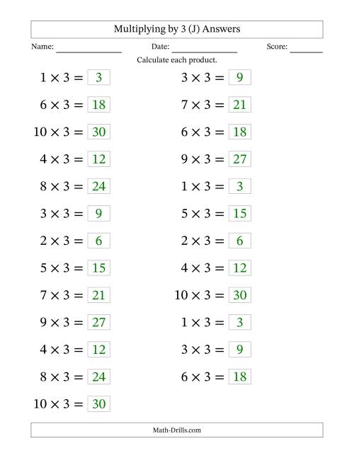 The Horizontally Arranged Multiplying (1 to 10) by 3 (25 Questions; Large Print) (J) Math Worksheet Page 2