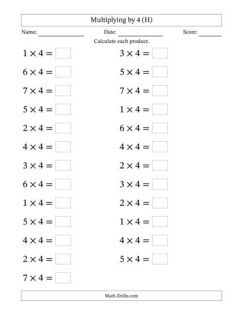 The Horizontally Arranged Multiplying (1 to 7) by 4 (25 Questions; Large Print) (H) Math Worksheet