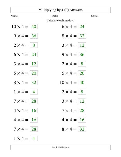 The Horizontally Arranged Multiplying (1 to 10) by 4 (25 Questions; Large Print) (B) Math Worksheet Page 2