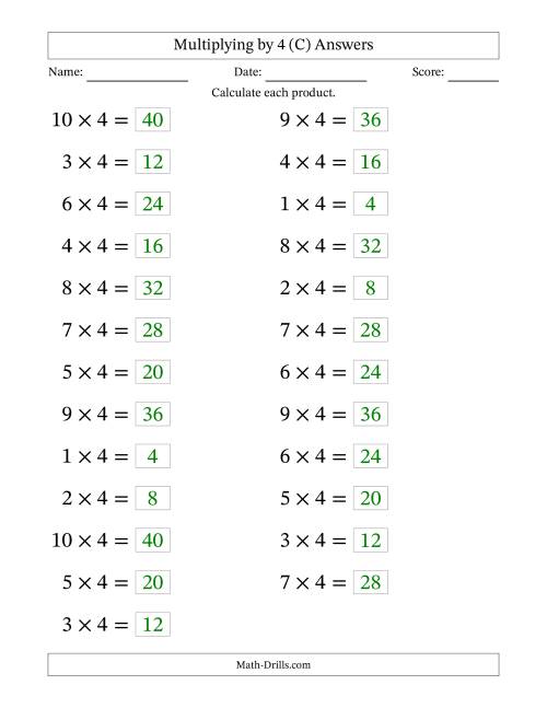 The Horizontally Arranged Multiplying (1 to 10) by 4 (25 Questions; Large Print) (C) Math Worksheet Page 2