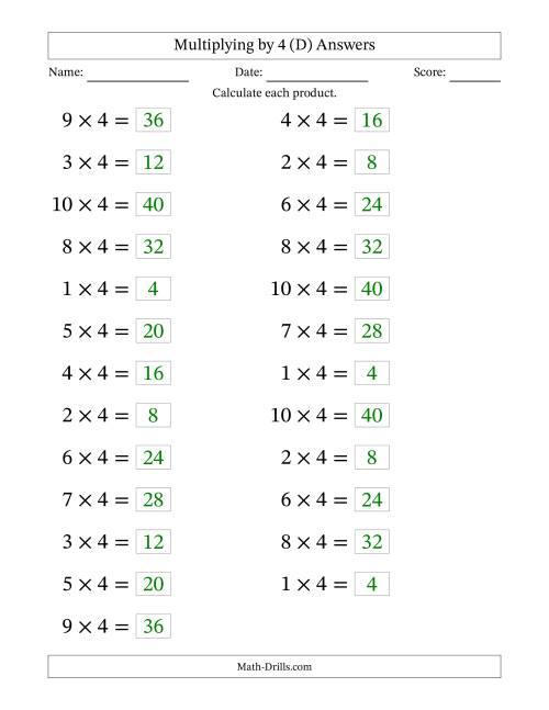 The Horizontally Arranged Multiplying (1 to 10) by 4 (25 Questions; Large Print) (D) Math Worksheet Page 2