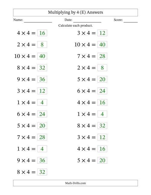 The Horizontally Arranged Multiplying (1 to 10) by 4 (25 Questions; Large Print) (E) Math Worksheet Page 2