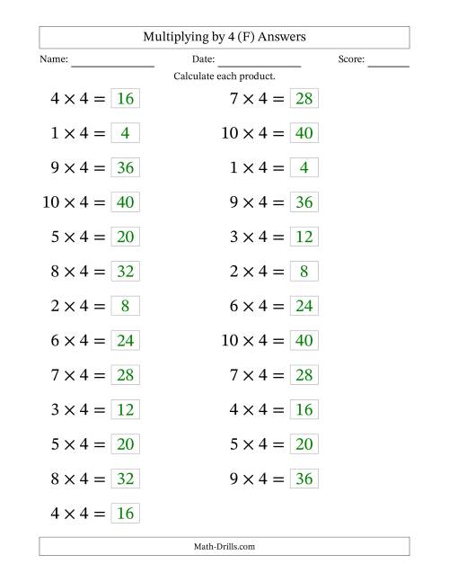 The Horizontally Arranged Multiplying (1 to 10) by 4 (25 Questions; Large Print) (F) Math Worksheet Page 2