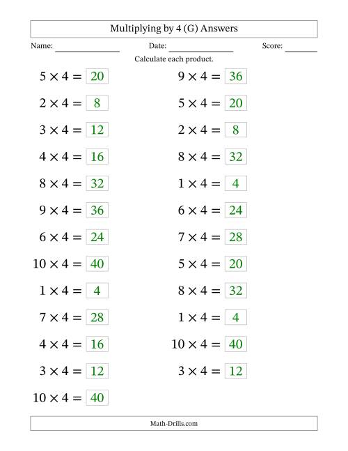 The Horizontally Arranged Multiplying (1 to 10) by 4 (25 Questions; Large Print) (G) Math Worksheet Page 2