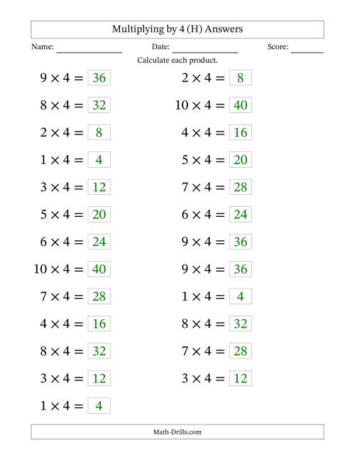The Horizontally Arranged Multiplying (1 to 10) by 4 (25 Questions; Large Print) (H) Math Worksheet Page 2