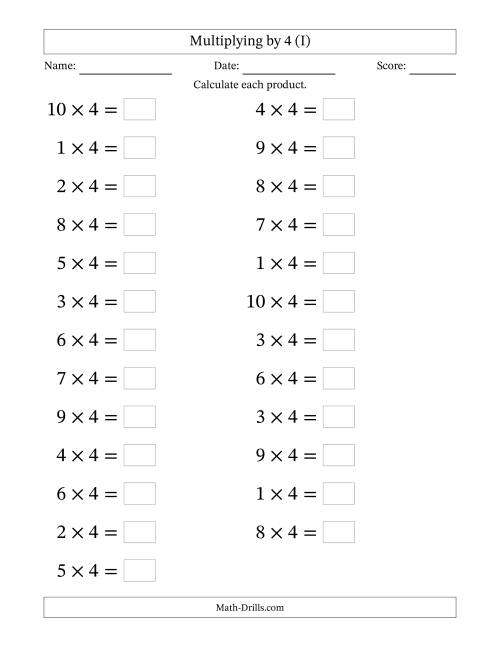 The Horizontally Arranged Multiplying (1 to 10) by 4 (25 Questions; Large Print) (I) Math Worksheet