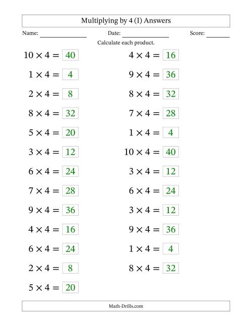 The Horizontally Arranged Multiplying (1 to 10) by 4 (25 Questions; Large Print) (I) Math Worksheet Page 2