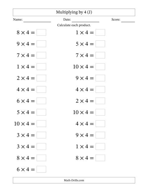 The Horizontally Arranged Multiplying (1 to 10) by 4 (25 Questions; Large Print) (J) Math Worksheet