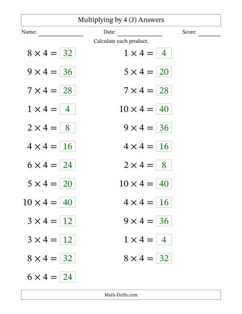 The Horizontally Arranged Multiplying (1 to 10) by 4 (25 Questions; Large Print) (J) Math Worksheet Page 2