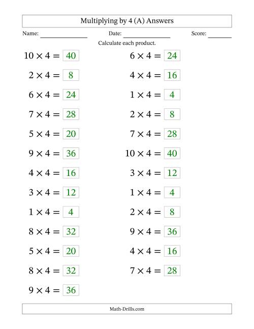 The Horizontally Arranged Multiplying (1 to 10) by 4 (25 Questions; Large Print) (All) Math Worksheet Page 2
