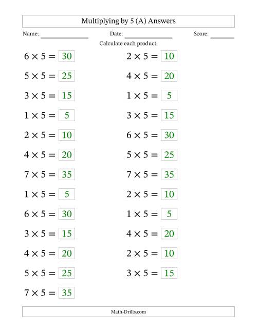 The Horizontally Arranged Multiplying (1 to 7) by 5 (25 Questions; Large Print) (A) Math Worksheet Page 2
