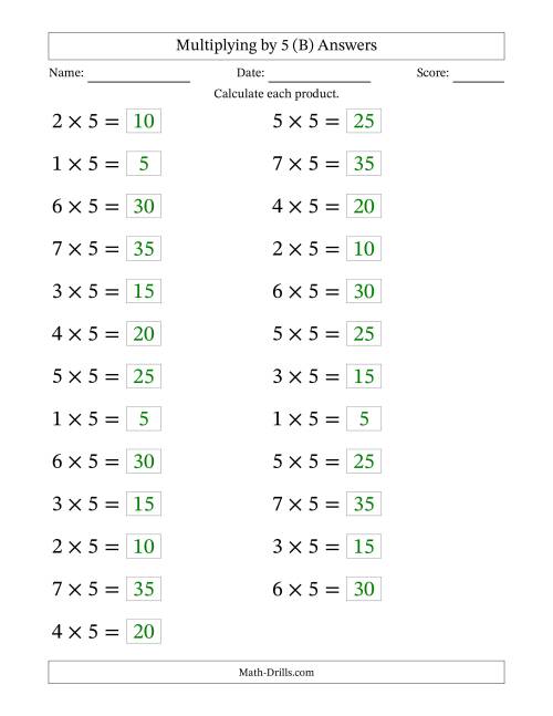The Horizontally Arranged Multiplying (1 to 7) by 5 (25 Questions; Large Print) (B) Math Worksheet Page 2