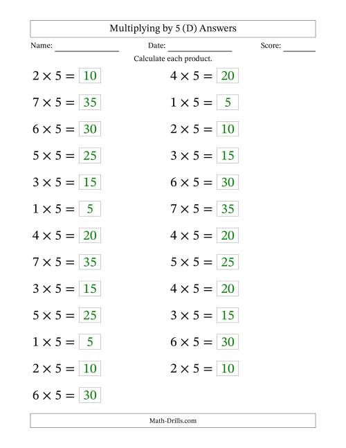 The Horizontally Arranged Multiplying (1 to 7) by 5 (25 Questions; Large Print) (D) Math Worksheet Page 2