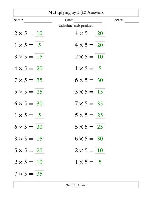 The Horizontally Arranged Multiplying (1 to 7) by 5 (25 Questions; Large Print) (E) Math Worksheet Page 2