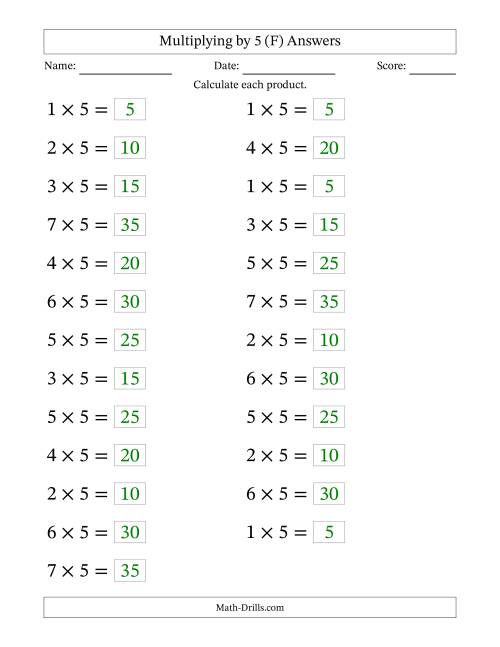 The Horizontally Arranged Multiplying (1 to 7) by 5 (25 Questions; Large Print) (F) Math Worksheet Page 2