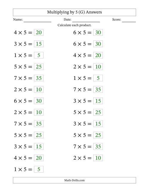 The Horizontally Arranged Multiplying (1 to 7) by 5 (25 Questions; Large Print) (G) Math Worksheet Page 2