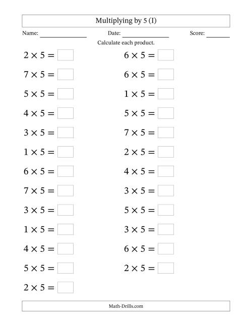 The Horizontally Arranged Multiplying (1 to 7) by 5 (25 Questions; Large Print) (I) Math Worksheet