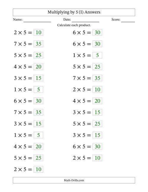 The Horizontally Arranged Multiplying (1 to 7) by 5 (25 Questions; Large Print) (I) Math Worksheet Page 2