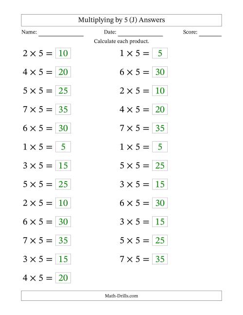 The Horizontally Arranged Multiplying (1 to 7) by 5 (25 Questions; Large Print) (J) Math Worksheet Page 2
