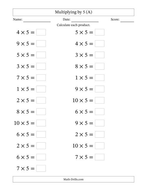 The Horizontally Arranged Multiplying (1 to 10) by 5 (25 Questions; Large Print) (A) Math Worksheet
