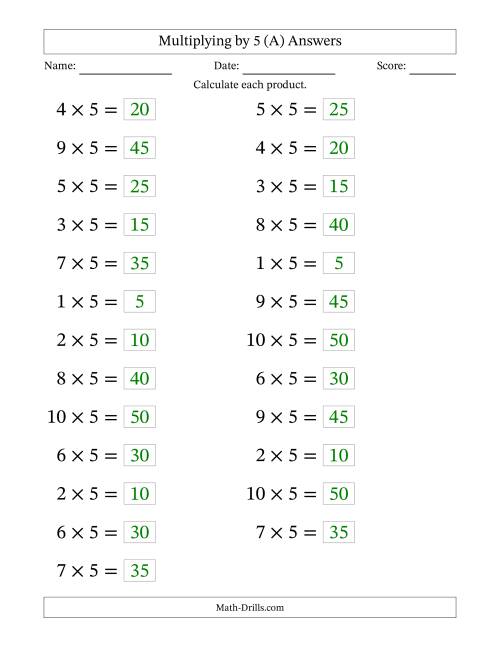 The Horizontally Arranged Multiplying (1 to 10) by 5 (25 Questions; Large Print) (A) Math Worksheet Page 2
