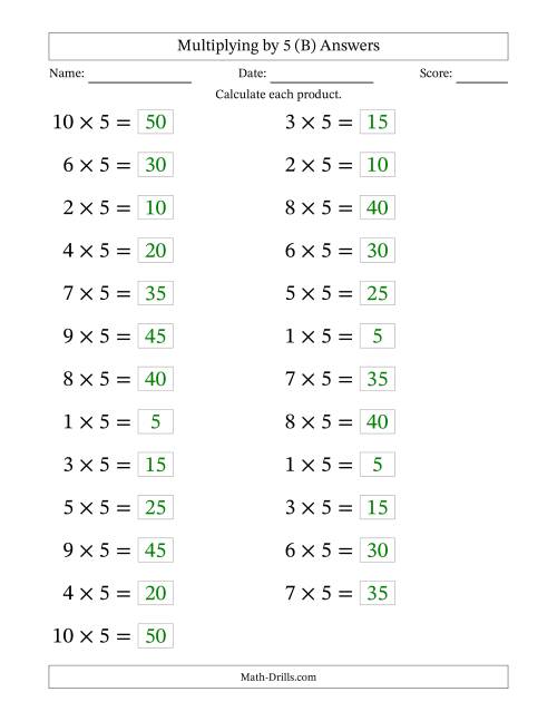 The Horizontally Arranged Multiplying (1 to 10) by 5 (25 Questions; Large Print) (B) Math Worksheet Page 2