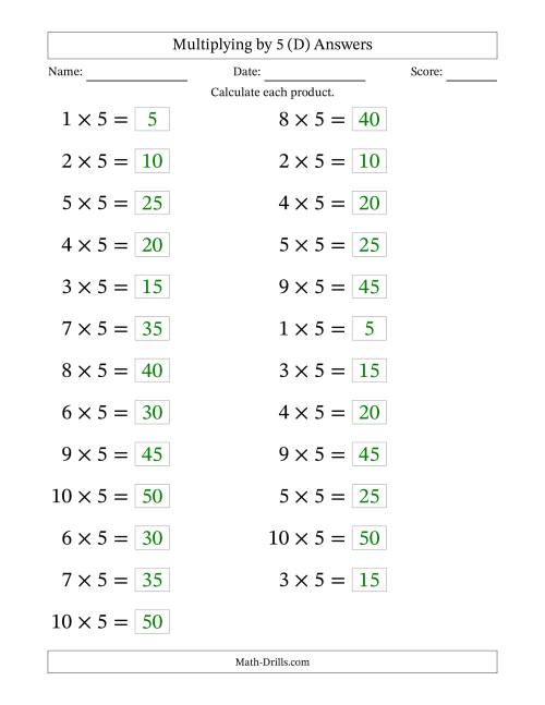 The Horizontally Arranged Multiplying (1 to 10) by 5 (25 Questions; Large Print) (D) Math Worksheet Page 2