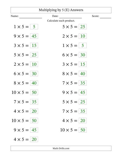 The Horizontally Arranged Multiplying (1 to 10) by 5 (25 Questions; Large Print) (E) Math Worksheet Page 2