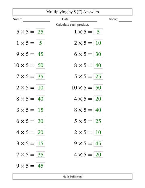 The Horizontally Arranged Multiplying (1 to 10) by 5 (25 Questions; Large Print) (F) Math Worksheet Page 2