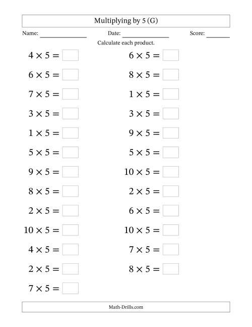 The Horizontally Arranged Multiplying (1 to 10) by 5 (25 Questions; Large Print) (G) Math Worksheet