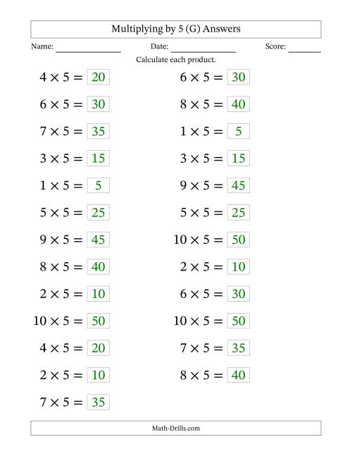 The Horizontally Arranged Multiplying (1 to 10) by 5 (25 Questions; Large Print) (G) Math Worksheet Page 2