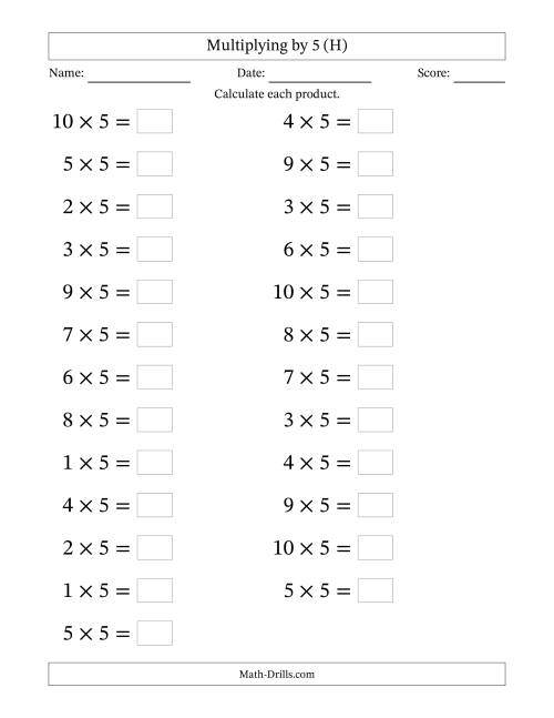 The Horizontally Arranged Multiplying (1 to 10) by 5 (25 Questions; Large Print) (H) Math Worksheet