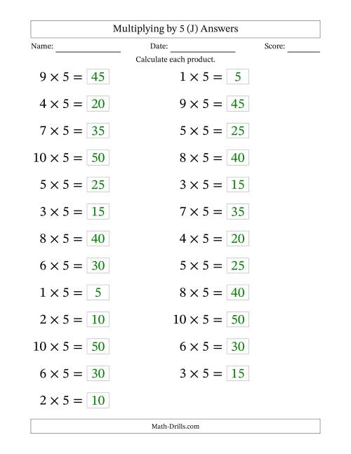 The Horizontally Arranged Multiplying (1 to 10) by 5 (25 Questions; Large Print) (J) Math Worksheet Page 2